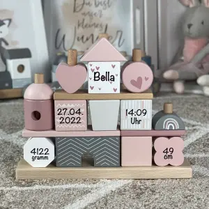 Babygeschenk Stapel- und Steckspiel Haus rosa Label-Label Personalisierbar mit Geburtsdaten und Namen LLWT-25088 bedruckt